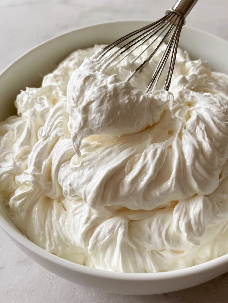 Thick glossy marshmallow buttercream frosting piled high in a white bowl on a stone surface. (Marshmallow Buttercream Frosting)