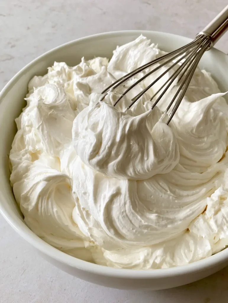 A stainless steel whisk pulling a fluffy dollop of white marshmallow buttercream frosting from a ceramic bowl.