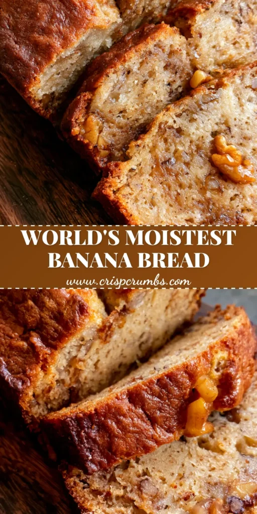 A close-up of a rustic banana bread loaf on a wooden board with a thick craggy crust and toasted walnuts. (Banana Bread Recipe)