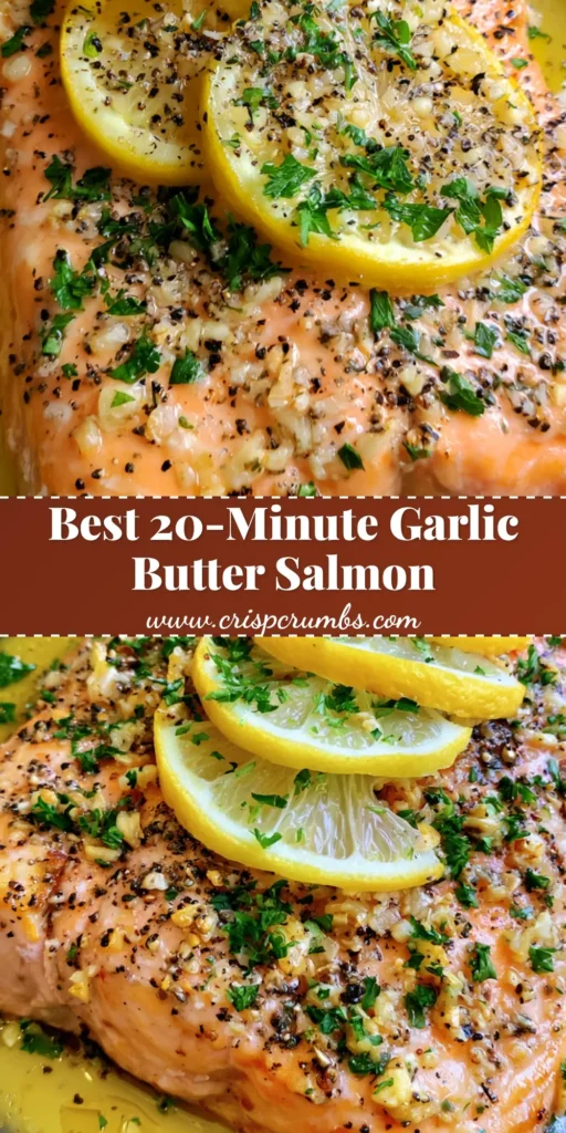 A close-up of baked Lemon Garlic Butter Salmon in a cast iron skillet with lemon slices and parsley garnish.