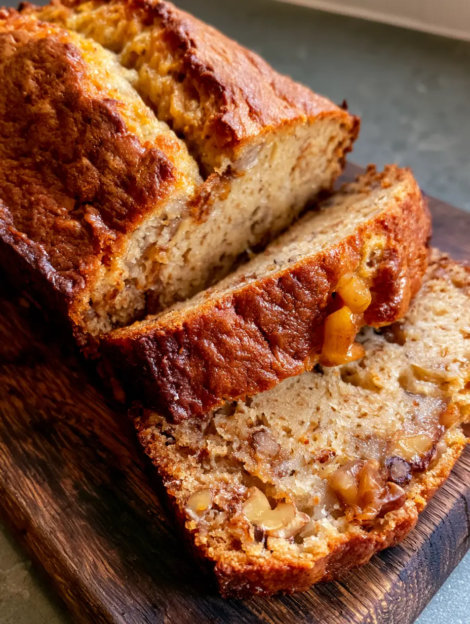 Authentic handheld smartphone photo of a golden-brown banana bread loaf with a longitudinal crack and visible walnuts. (Banana Bread Recipe)