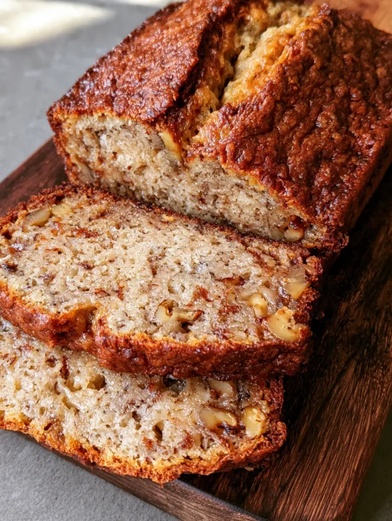 Slices of moist banana bread leaning against the loaf revealing a pale-tan crumb and caramelized streaks.
