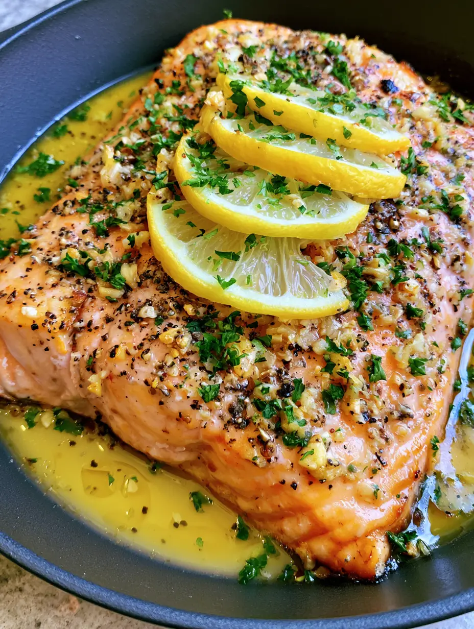 Top-down view of flaky Lemon Garlic Butter Salmon showing the glossy yellow sauce and cracked pepper.