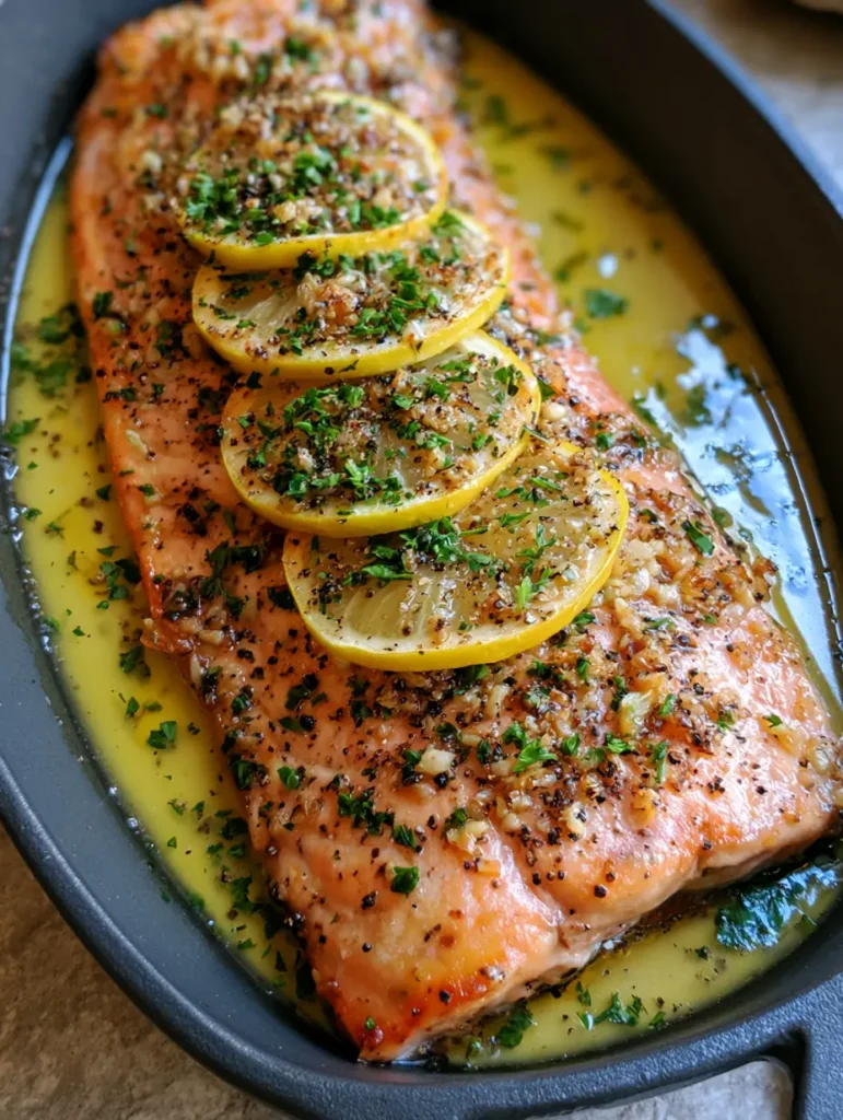 A large baked salmon fillet in a dark cast iron skillet resting on a light stone surface.