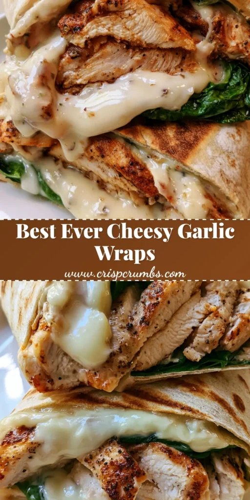 A stack of two Cheesy Garlic Chicken Wraps sliced in half, showing seared chicken, melted cheese, and spinach on a white plate. (Cheesy Garlic Chicken Wraps)