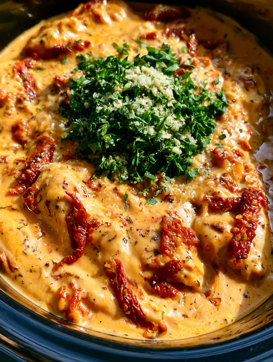 Marry Me Chicken: The Slow Cooker Secret to Succulent Fork-Tender Bliss 4 Detailed close-up of creamy Marry Me Chicken in a dark slow cooker showing thick sauce ripples and herbs. (Marry Me Chicken)