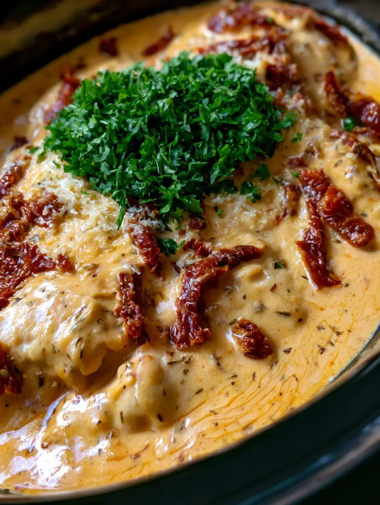 Marry Me Chicken: The Slow Cooker Secret to Succulent Fork-Tender Bliss 1 Fork-tender chicken breast partially submerged in orange-tinted cream sauce with sun-dried tomatoes.