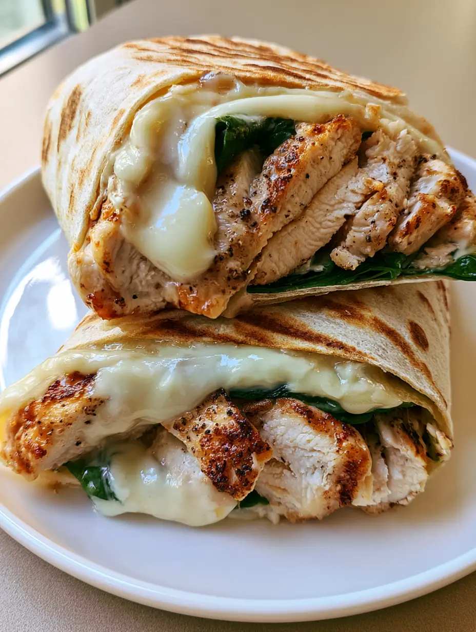 Handheld smartphone photo of Cheesy Garlic Chicken Wraps with golden sear marks on a white ceramic plate. (Cheesy Garlic Chicken Wraps)