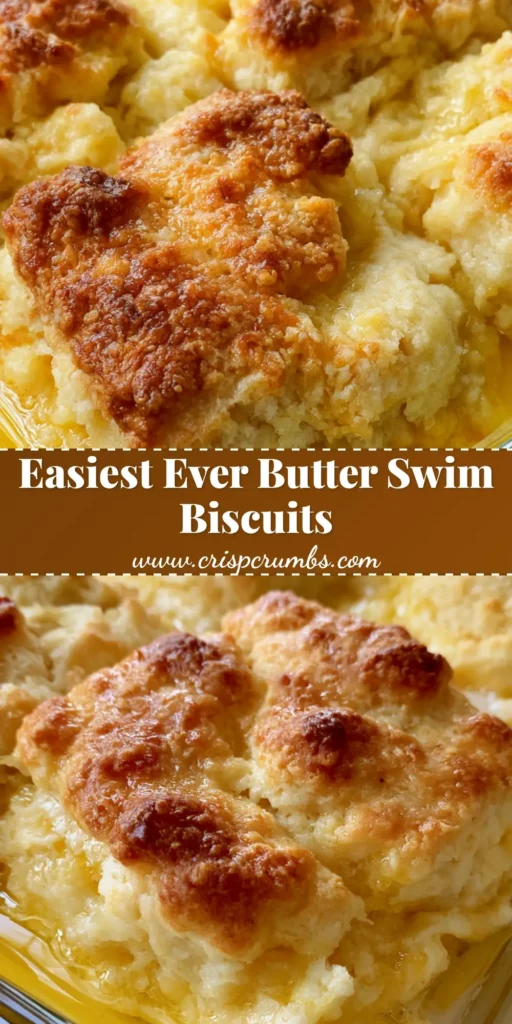 A close-up vertical shot of thick square-cut Butter Swim Biscuits in a glass dish with melted butter pooling at the bottom and golden craggy tops.