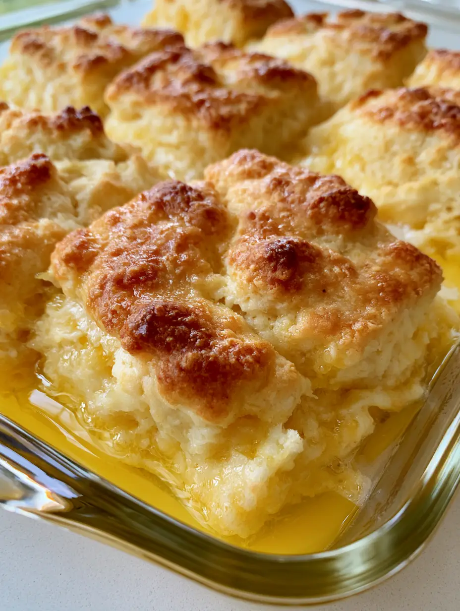 Close up of golden brown Butter Swim Biscuits in a glass baking pan showing porous dough and toasted peaks.