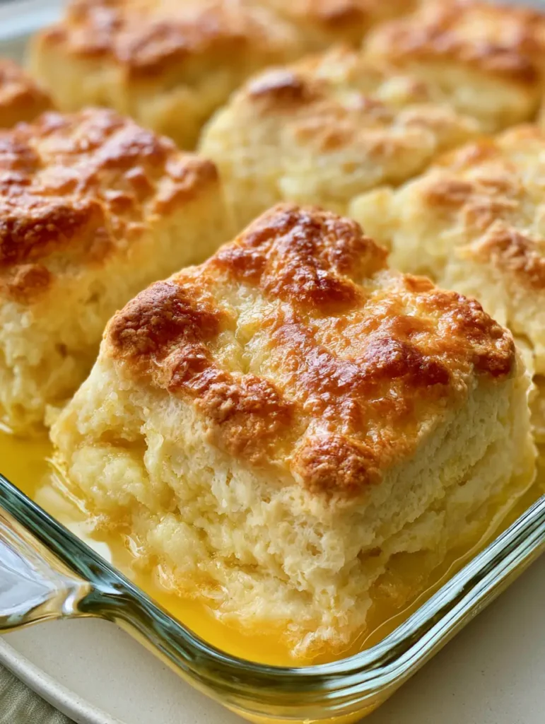 Thick square-cut Butter Swim Biscuits sitting in a pool of melted yellow butter with glistening crisp edges.