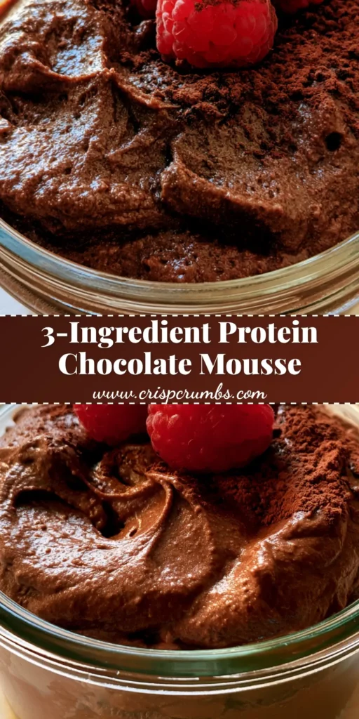 A handheld smartphone photo of a small glass jar filled with High Protein Chocolate Mousse topped with three raspberries and cocoa powder.