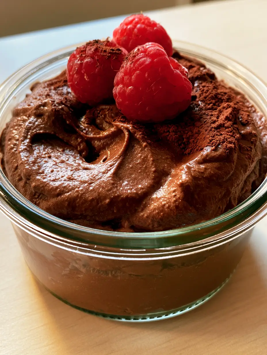 Close-up of aerated dark chocolate mousse in a glass jar with soft peaks and fresh raspberries. (High Protein Chocolate Mousse)