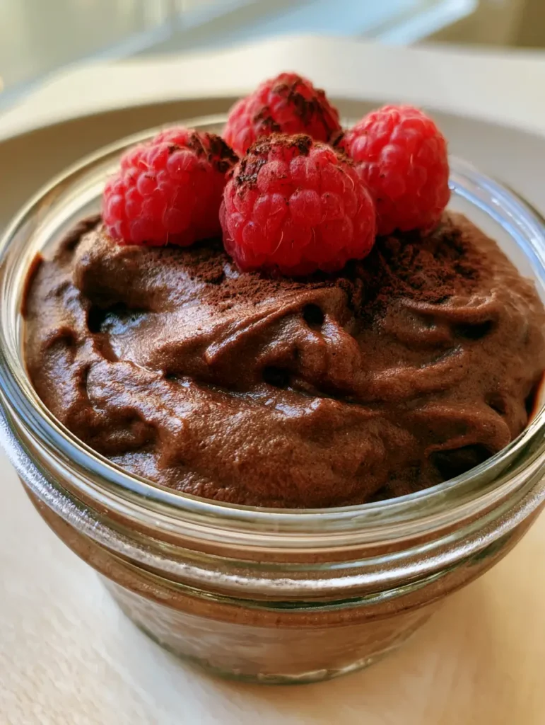 A rustic wooden table setting featuring a jar of High Protein Chocolate Mousse in natural daylight.