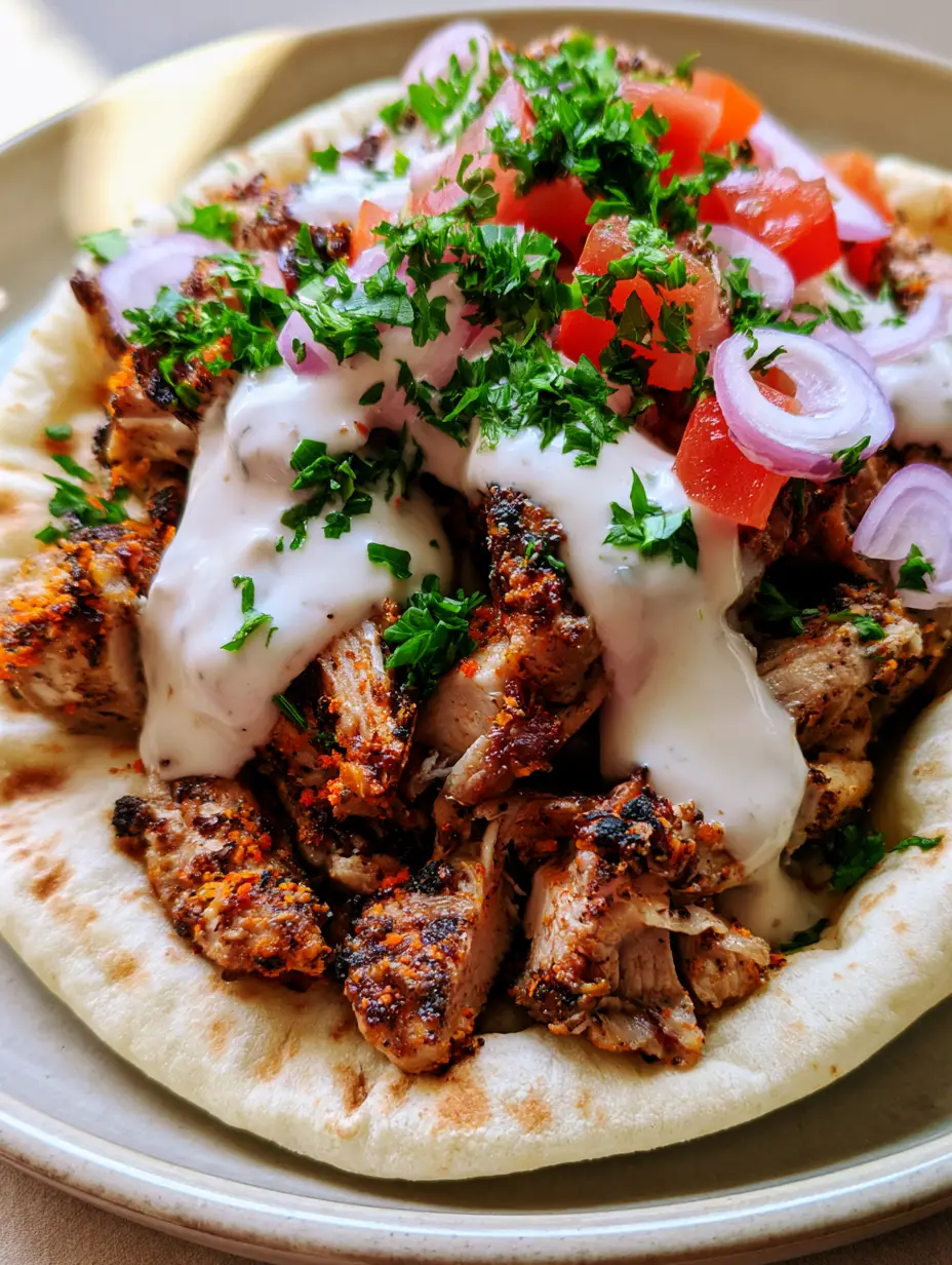Close-up of spice-marinated chicken shawarma with charred edges and thick garlic sauce drizzle. (Chicken Shawarma Recipe)