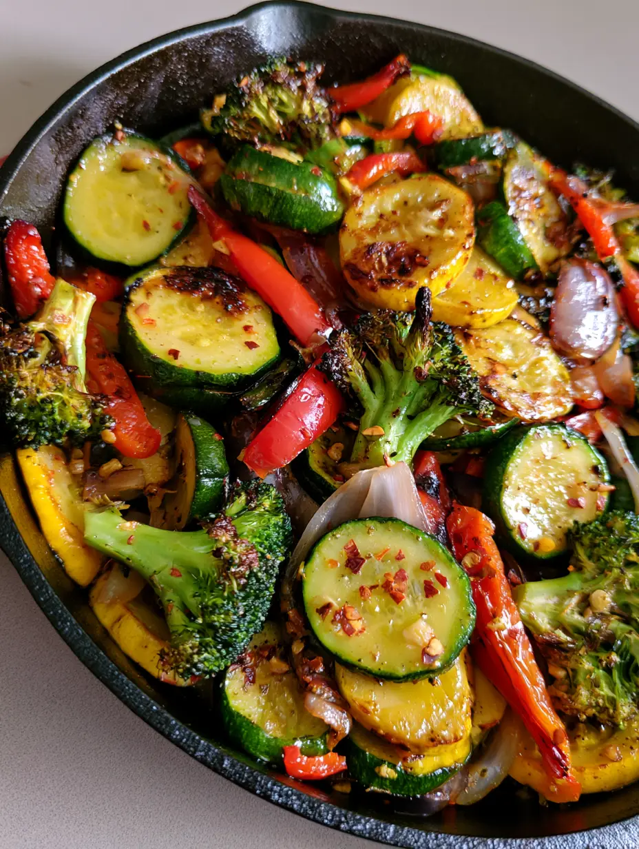Sautéed Vegetables Recipe: The Ultimate Cast Iron Medley 4 Overhead shot of vibrant sautéed vegetables in a cast iron skillet, showcasing charred zucchini rounds and tender-crisp broccoli. (Sautéed Vegetables Recipe)