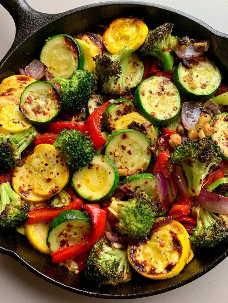 Sautéed Vegetables Recipe: The Ultimate Cast Iron Medley 1 Close-up of blistered red peppers and translucent red onions in a glistening olive oil glaze. (Sautéed Vegetables Recipe)