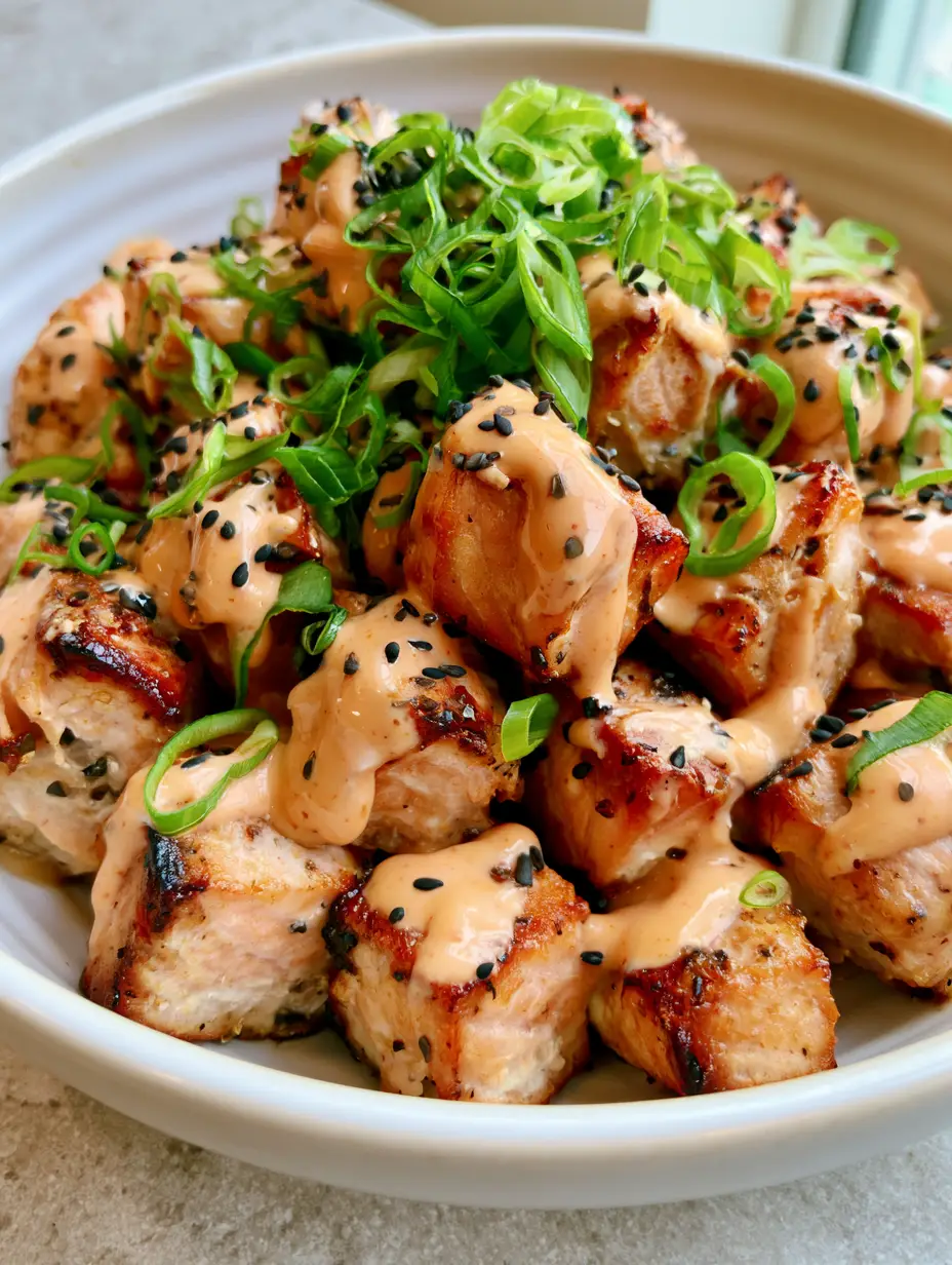 Smartphone photo of uniform 1-inch salmon cubes with charred golden-brown edges and thick Bang Bang sauce. (Bang Bang Salmon Bites)