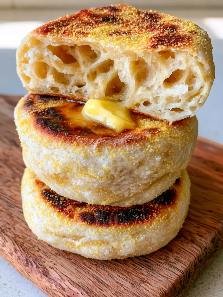 Split open Homemade English Muffins revealing deep airy nooks and crannies and melting butter.