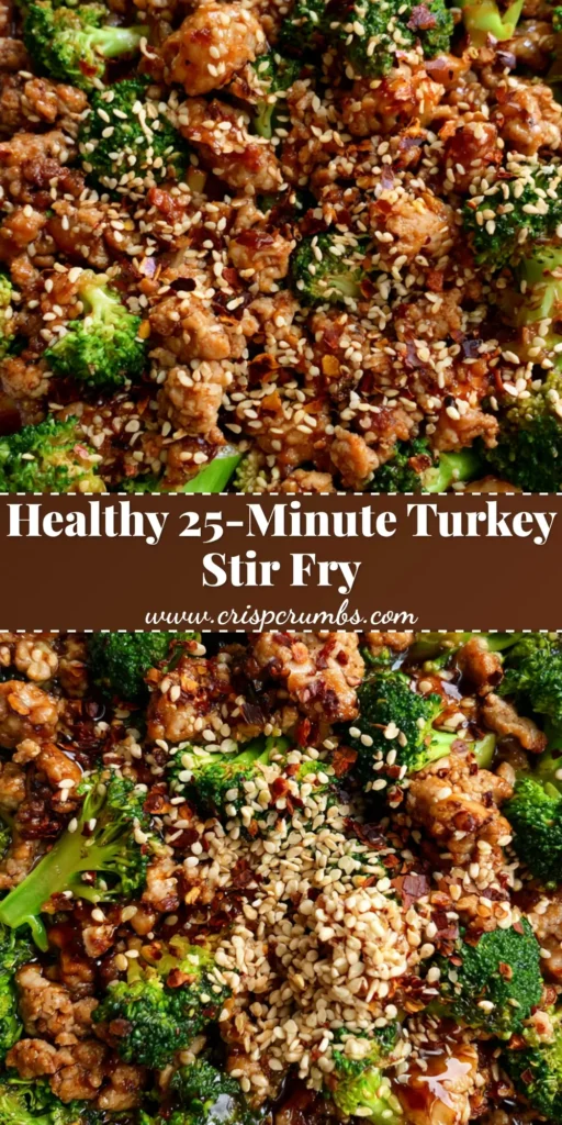 A top-down view of a white ceramic bowl containing Ground Turkey Stir Fry with browned turkey, bright green broccoli, and a glossy amber sauce, garnished with sesame seeds.