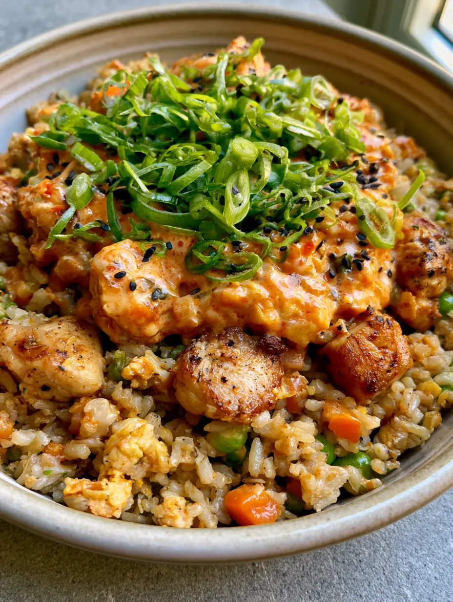 Close up shot of golden-brown grains of Bang Bang Fried Rice mixed with seared chicken and green peas in a ceramic bowl.