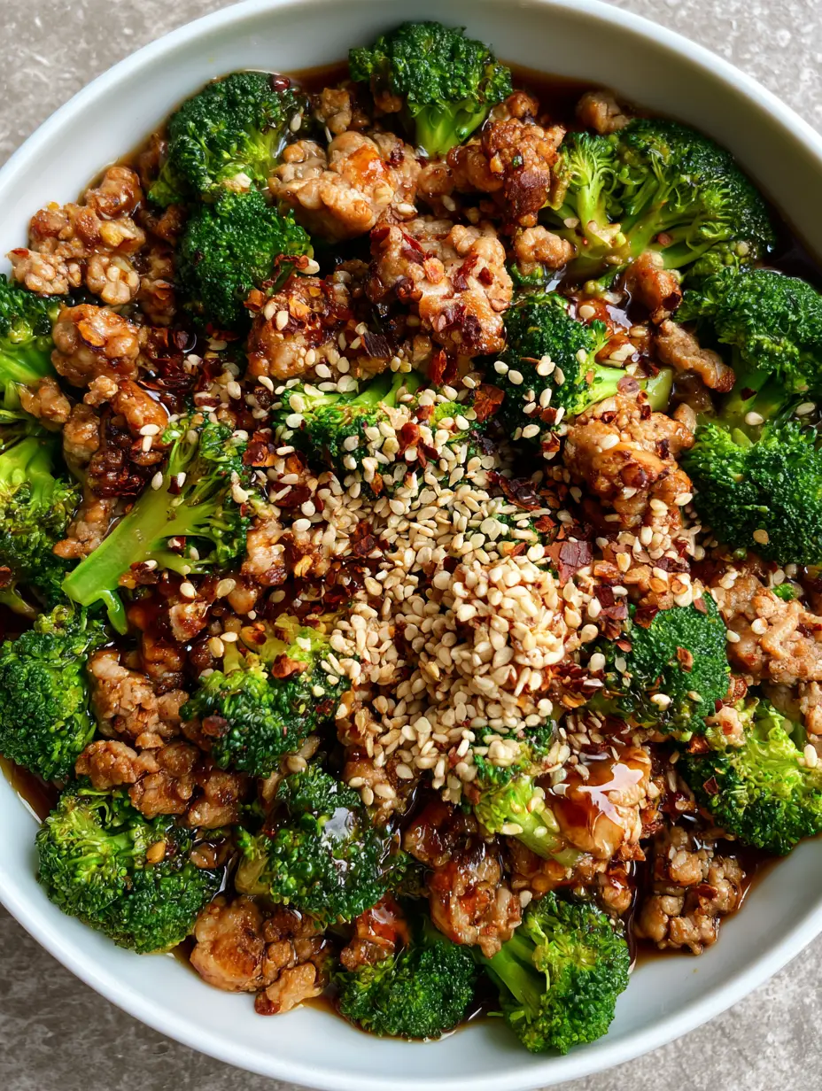 Close-up of caramelized Ground Turkey Stir Fry crumbles and glossy sauce on a stone surface.