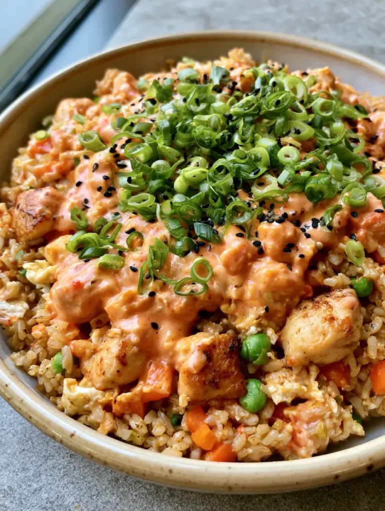 A bowl of Bang Bang Fried Rice showing scrambled egg curds, diced carrots, and a thick glossy orange-pink sauce coating.