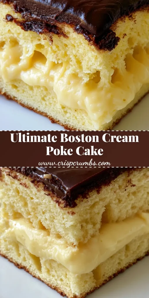 A clean-cut rectangular slice of Boston Cream Pie Poke Cake on a white plate, showing the yellow sponge, pudding-filled holes, and glossy chocolate ganache.