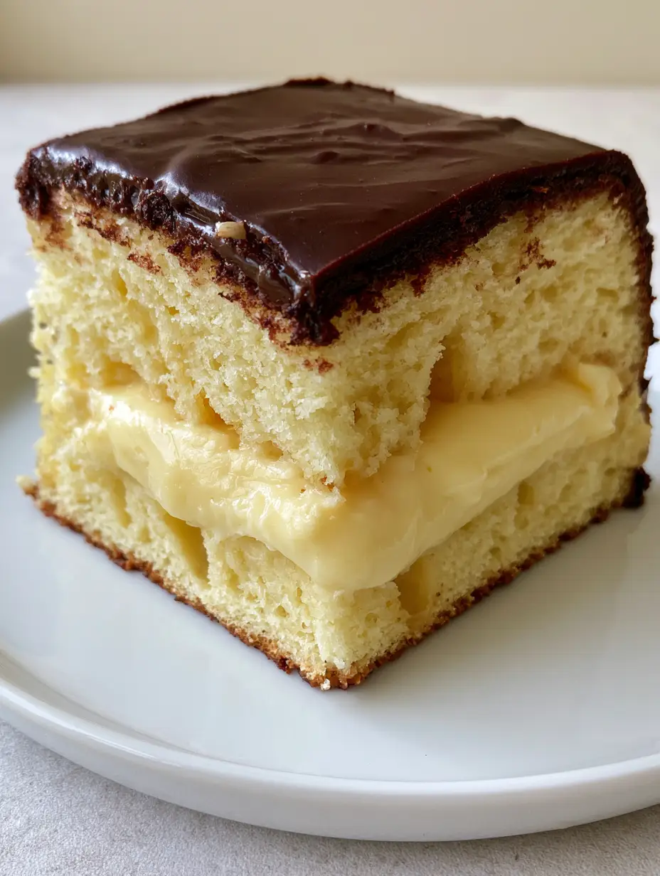 Close-up of Boston Cream Pie Poke Cake showing the 5mm thick glossy dark chocolate ganache and airy yellow sponge.