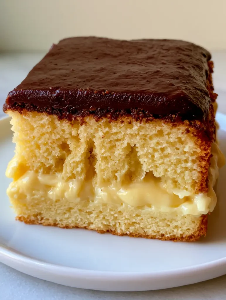 Side profile of a Boston Cream Pie Poke Cake slice revealing the vertical vanilla pudding columns inside the yellow cake.