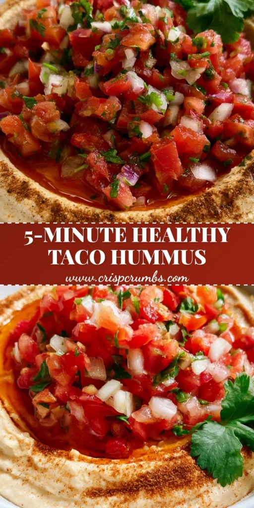 A top-down view of Healthy Taco Hummus in a white bowl with pico de gallo and reddish oil drizzle.