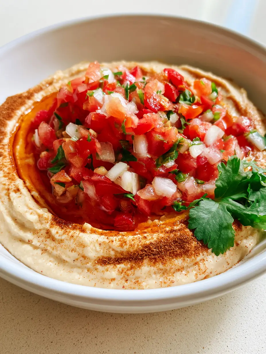 Close up of creamy Healthy Taco Hummus featuring fresh tomatoes, white onions, and cilantro.