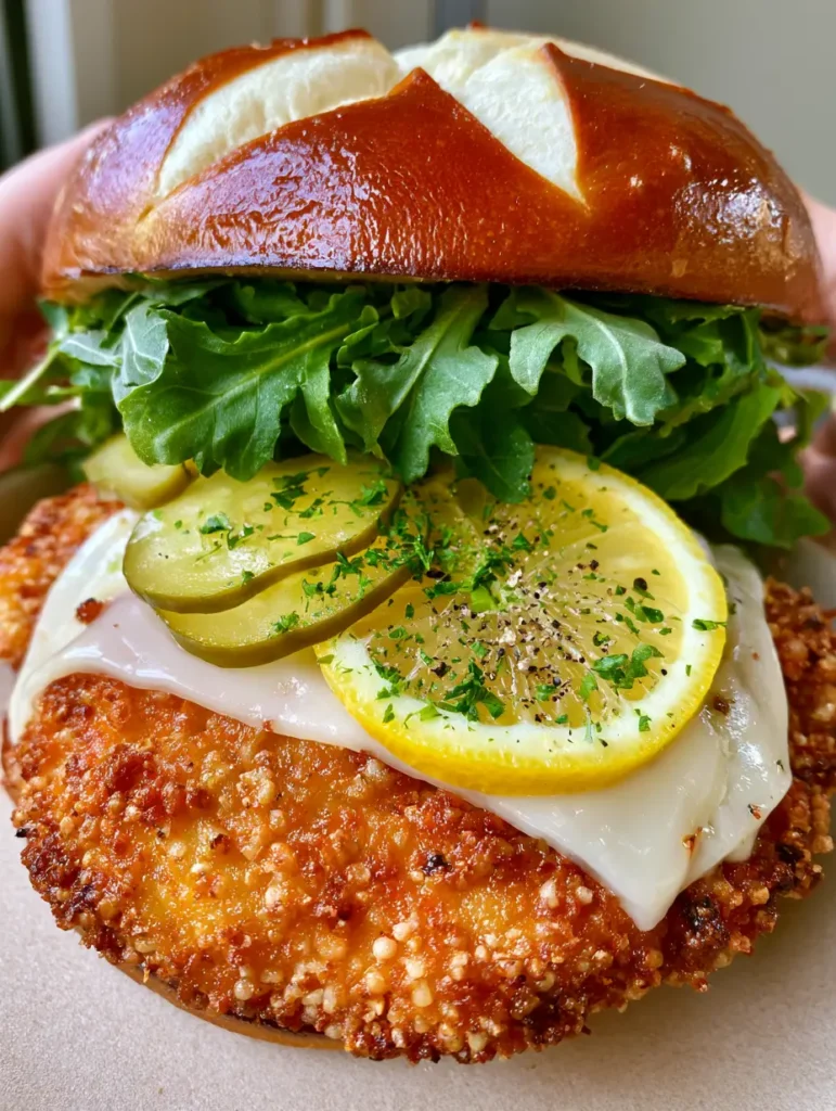 Detailed shot of the melted provolone cheese and cracked black pepper on a Lemon Pepper Chicken Sandwich.