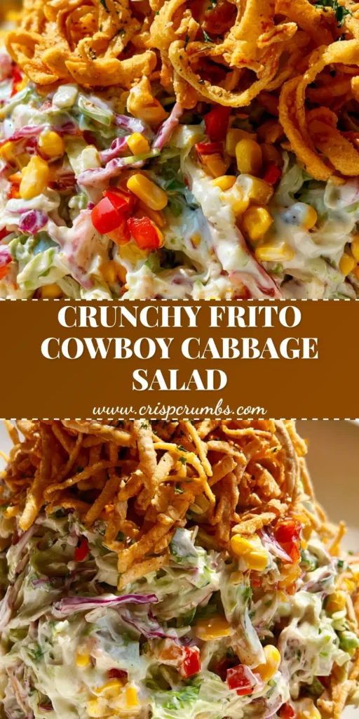 A close-up of Frito Cowboy Cabbage salad in a white bowl showing golden corn chips, purple cabbage ribbons, and green onion rings.