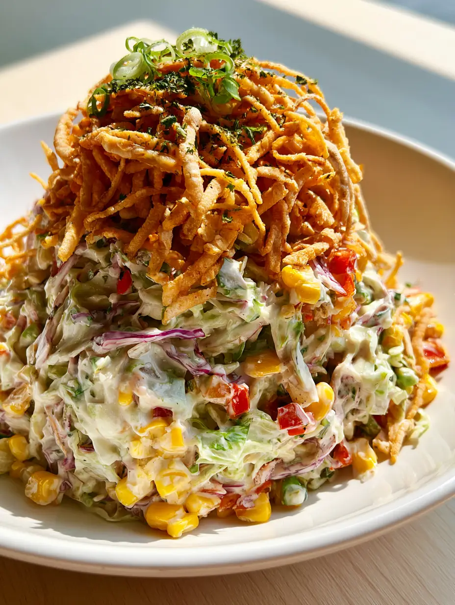 Handheld photo of Frito Cowboy Cabbage in a shallow white ceramic bowl with glossy dressing and red bell peppers. (Frito Cowboy Cabbage)