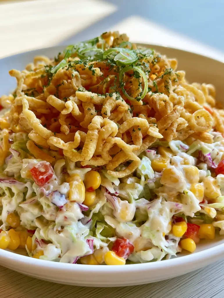 Overhead shot of Frito Cowboy Cabbage highlighting the golden corn chips and vibrant red bell pepper cubes.