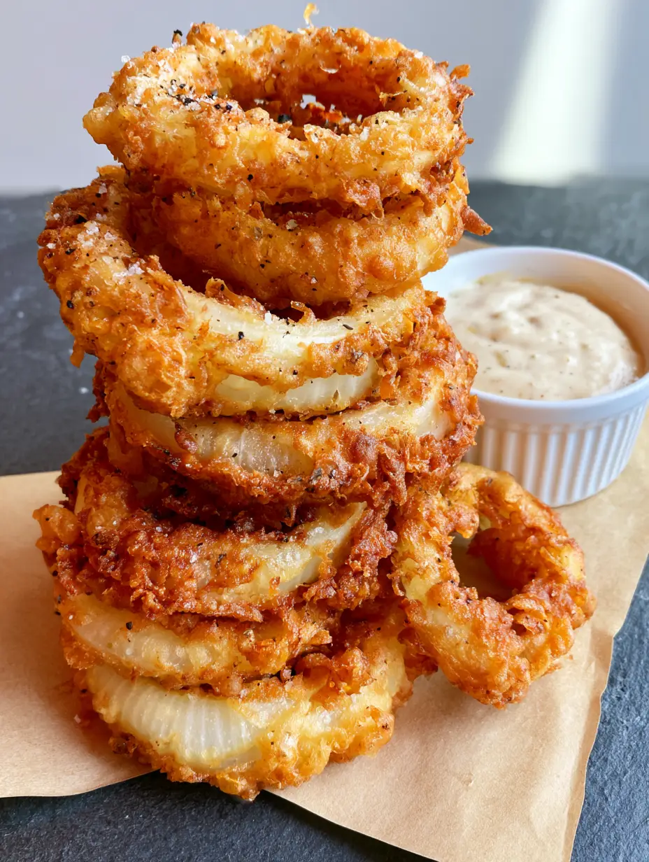 Close-up of Homemade Onion Rings showing the craggy, golden-brown batter texture and grains of salt.
