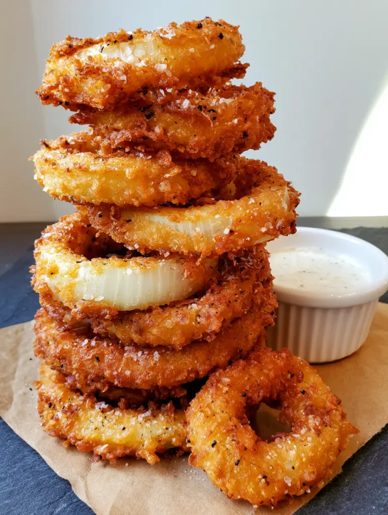 Handheld smartphone style photo of a pile of Homemade Onion Rings on a dark slate surface.
