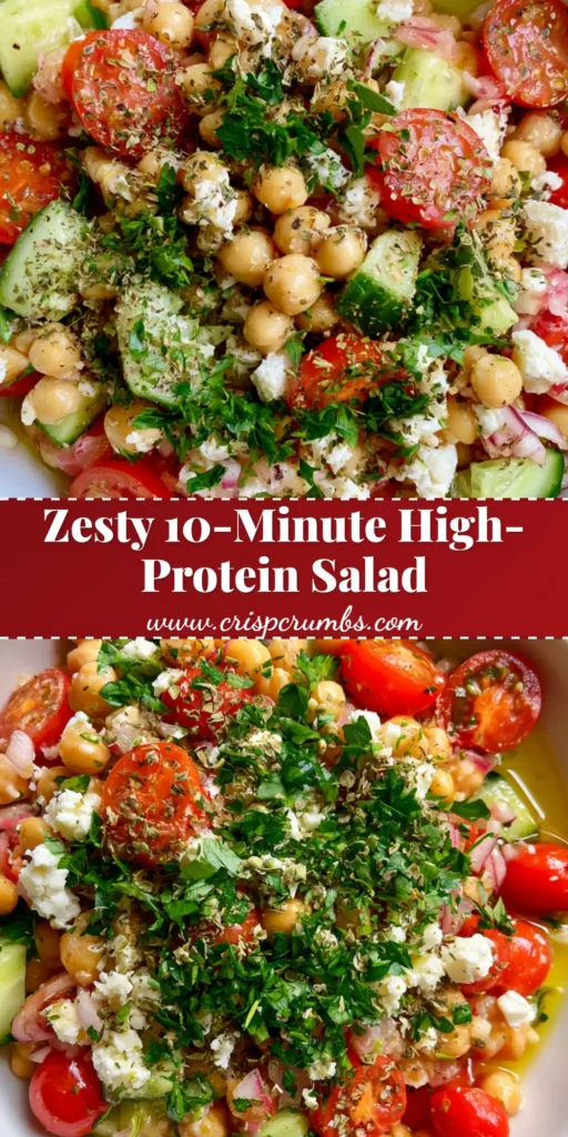 High-Protein Chickpea Salad with Lemon Vinaigrette and Feta 4 A top-down view of a High-Protein Chickpea Salad in a white bowl with cucumbers, tomatoes, and feta. (High-Protein Chickpea Salad)