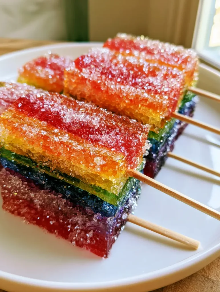 Rainbow Tequila Jello Shots: The Ultimate Layered Party Wands 1 Rectangular rainbow-layered gummy wands on a white plate, heavily encrusted in crystalline sugar. (Rainbow Tequila Jello Shots)