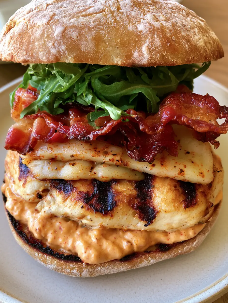 Spicy Grilled Chicken Ciabatta with Crispy Bacon and Chipotle Sauce 3 Detailed shot of the charred grilled chicken breast and melted pepper jack cheese inside a ciabatta roll. (Spicy Grilled Chicken Ciabatta)