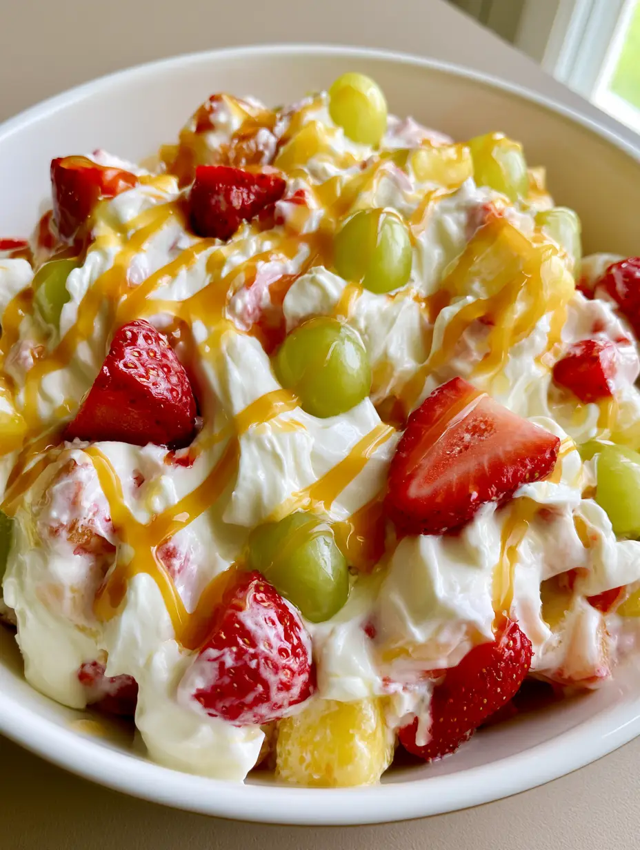 High-angle view of Cheesecake Fruit Salad showing glossy white dressing and vibrant fruit pieces in a ceramic bowl.