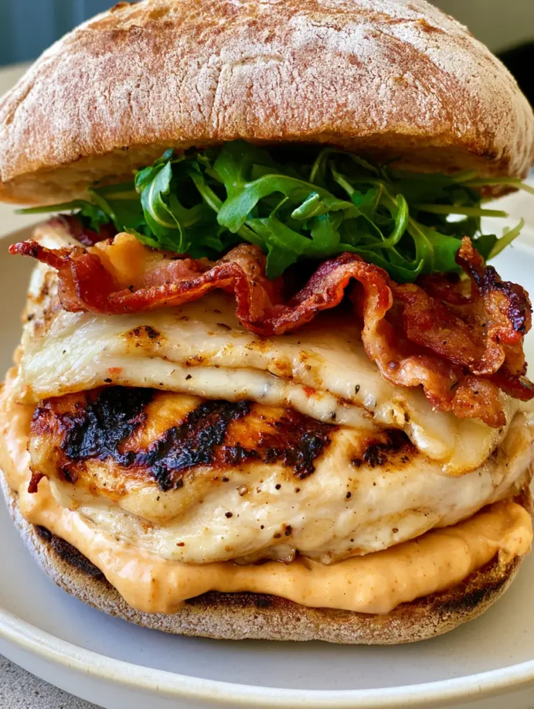 Spicy Grilled Chicken Ciabatta with Crispy Bacon and Chipotle Sauce 1 Close-up of the rustic, flour-dusted ciabatta crust and vibrant green arugula layers. (Spicy Grilled Chicken Ciabatta)