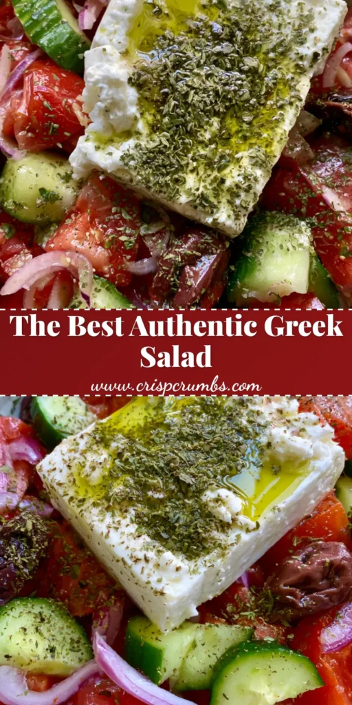 A top-down view of an Authentic Greek Salad in a rustic bowl with a large block of feta and oregano.