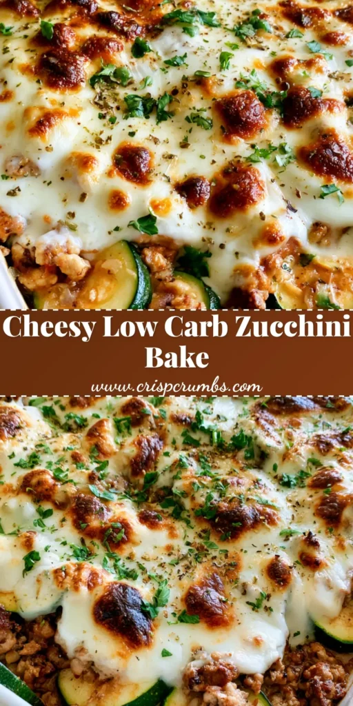A bubbling Ground Turkey Zucchini Casserole in a white ceramic dish with melted mozzarella and fresh parsley garnish.