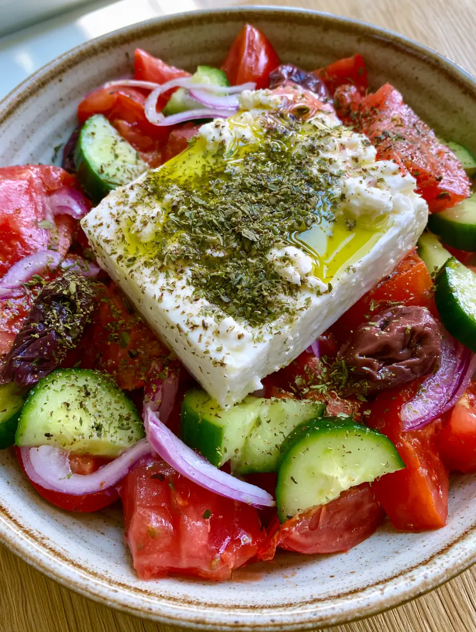 Rustic ceramic bowl filled with an Authentic Greek Salad featuring chunky tomatoes and golden olive oil.