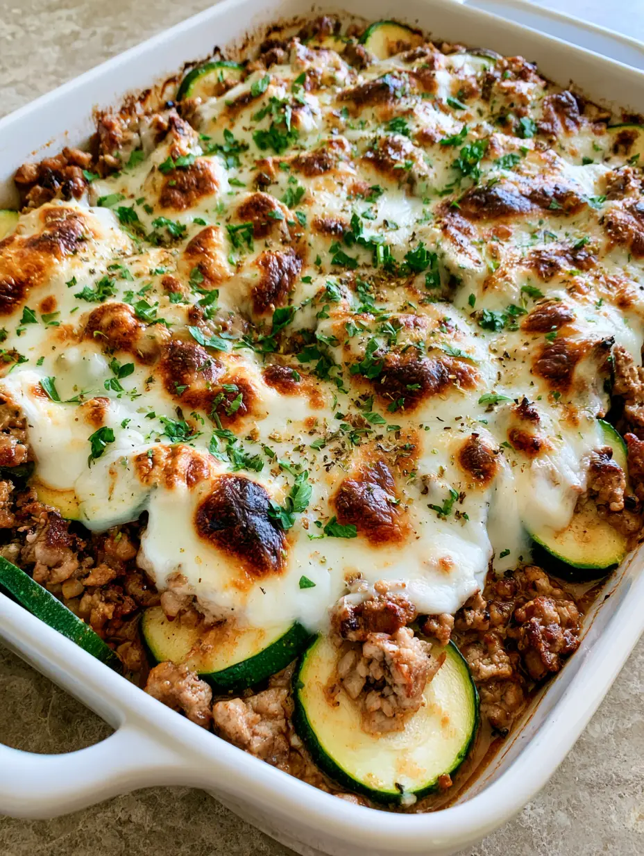 Overhead view of Ground Turkey Zucchini Casserole showing layers of turkey, zucchini rounds, and charred mozzarella spots.