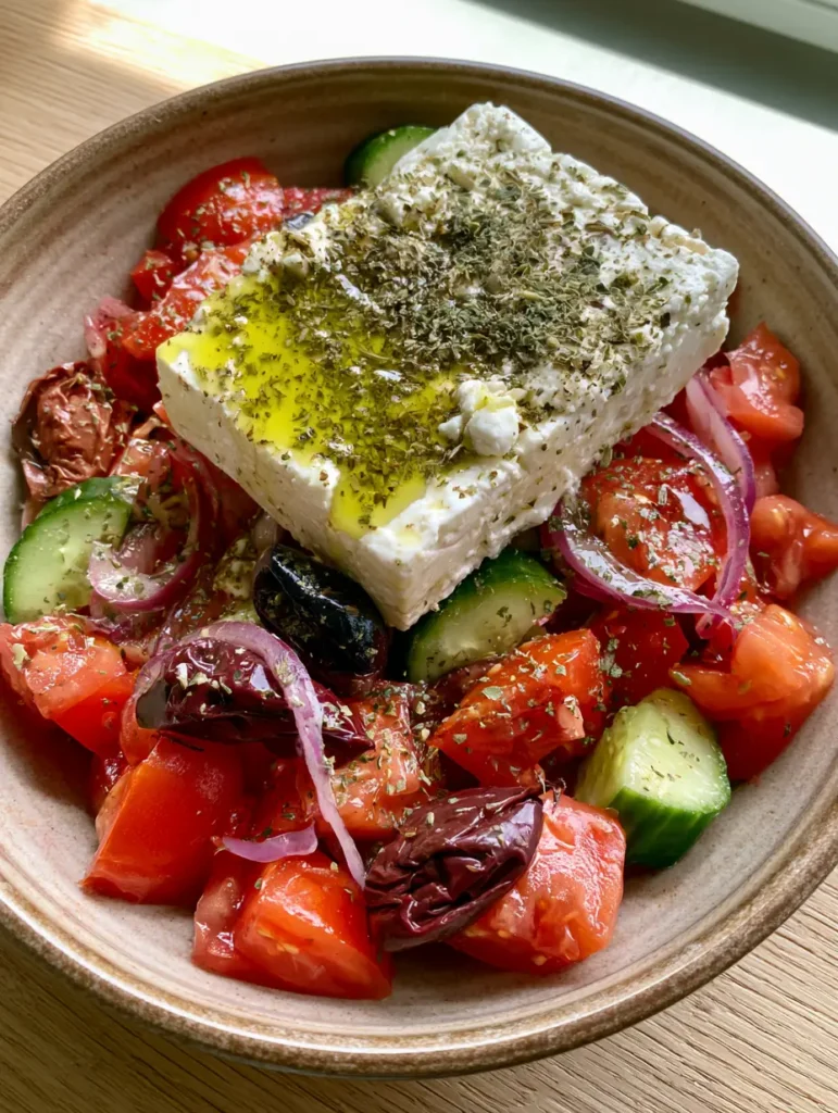 Close up of an Authentic Greek Salad with a prominent rectangular block of feta and dried oregano flakes.
