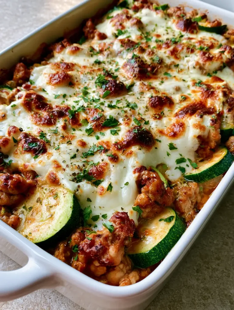 Close up shot of Ground Turkey Zucchini Casserole with chopped parsley and dried herb flakes on a stone countertop.