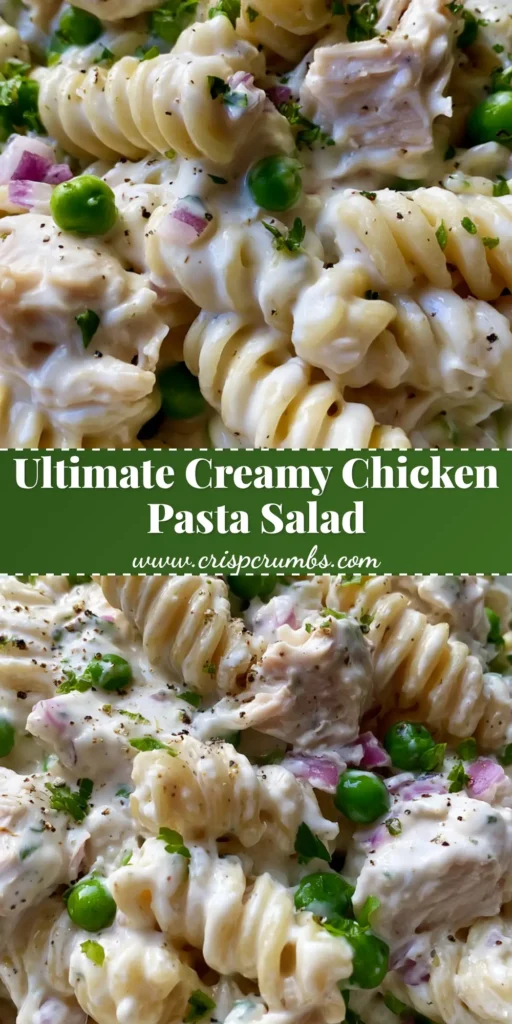 A handheld smartphone photo of a white ceramic bowl filled with a creamy chicken pasta salad featuring rotini and bright green peas.